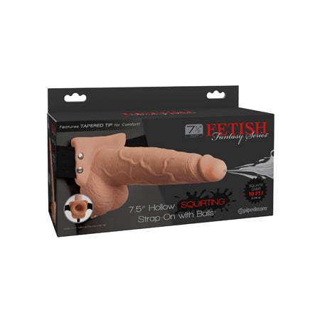 Pipedream Fetish Fantasy Series 7.5 in. Hollow Squirting Strap-On With Balls Beige/Black