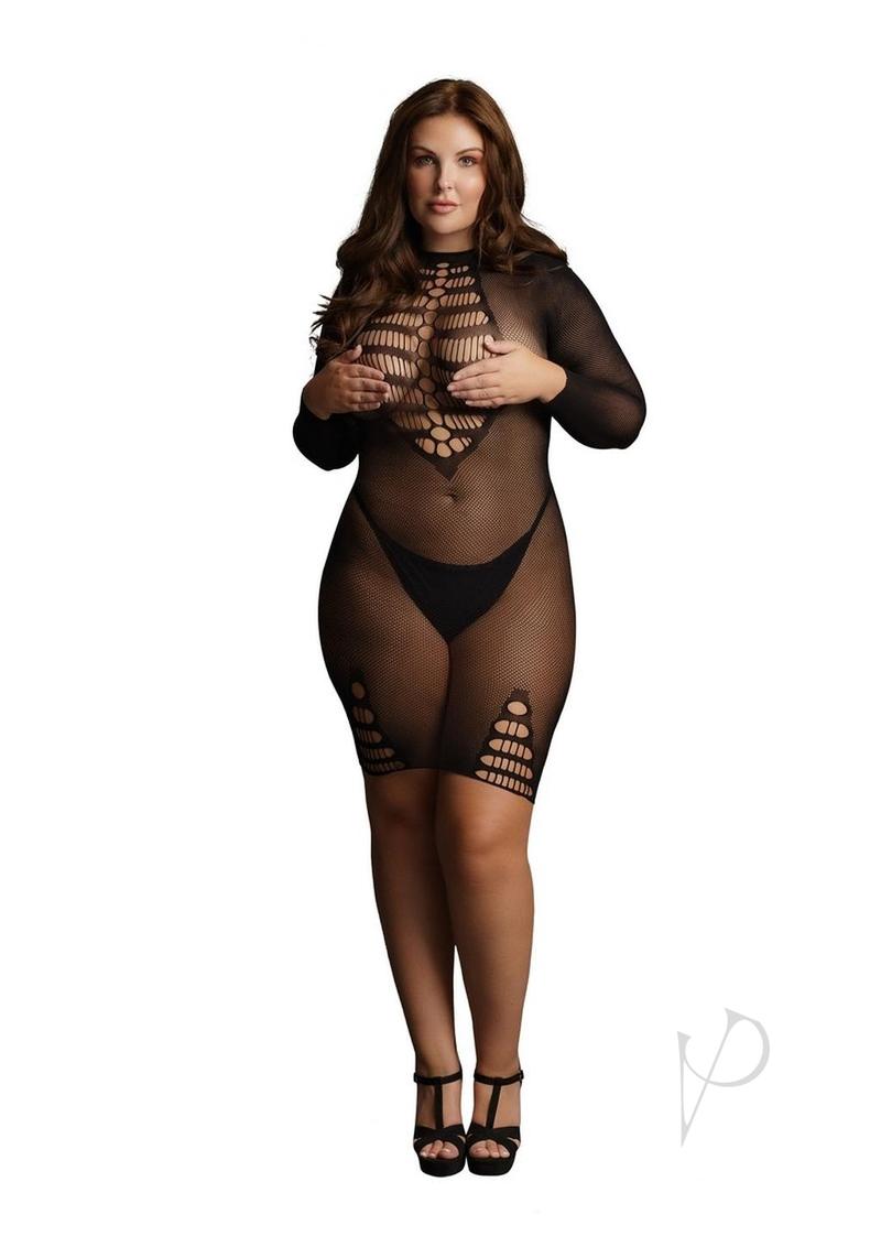 Long Sleeve Fishnet Dress Qn Blk