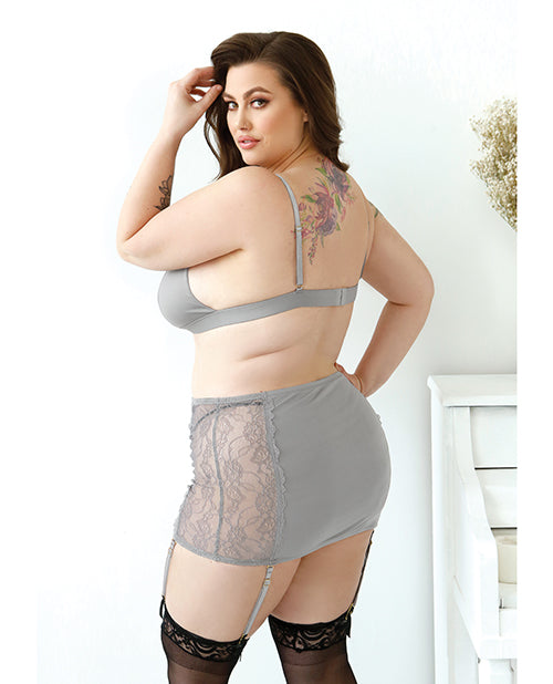 Curve Layne Lace & Microfiber Bralette W/garter Skirt & G-string Gray