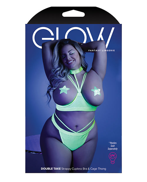 Glow Black Light Harness Open Shelf Bra & Cage Thong (pasties Not Included) Neon Lemon Qn