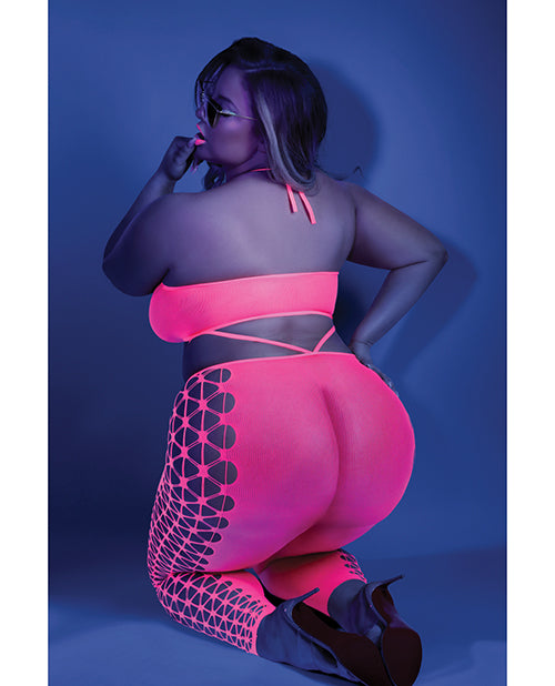 Glow Black Light Cropped Cutout Halter Bodystocking Neon Pink Qn