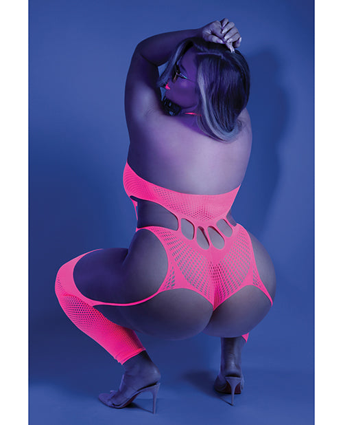 Glow Black Light Footless Teddy Bodystocking Neon Pink Qn