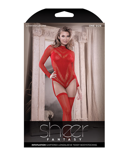 Sheer Infatuation Long Sleeve Teddy w/Attached Footless Stockings Red O/S