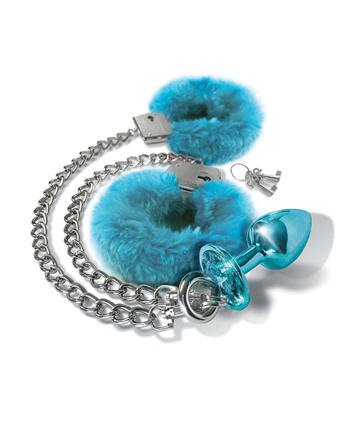 Nixie Metal Butt Plug W/inlaid Jewel & Fur Cuff Set