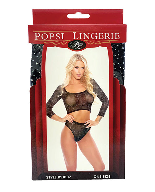 Rhinestone Crop Top w/High Waist Panty Black O/S