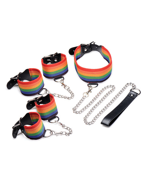 Master Series Kinky Pride Rainbow Bondage Set - Wrist & Ankle Cuffs & Collar w/Leash