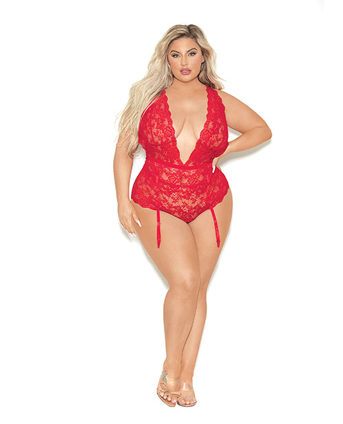 Euphoria Deep V Lace Teddiette W/open Crotch & Butt Red Qn