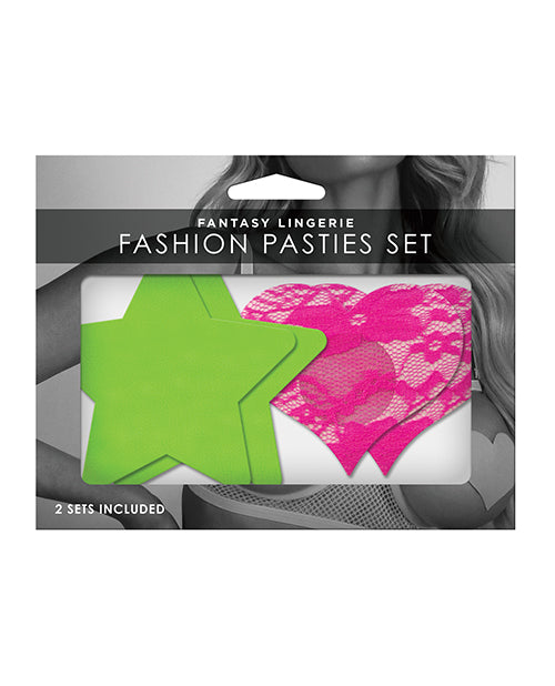 Fantasy UV Reactive Neon Star & Lace Heart Pasties - Green & Pink O/S Pack of 2