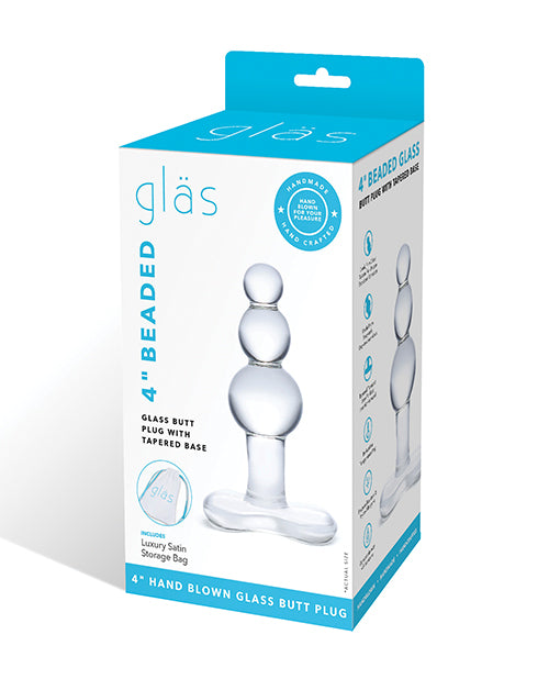 Glas 4" Beaded Glass Butt Plug w/Tapered Base - Clear