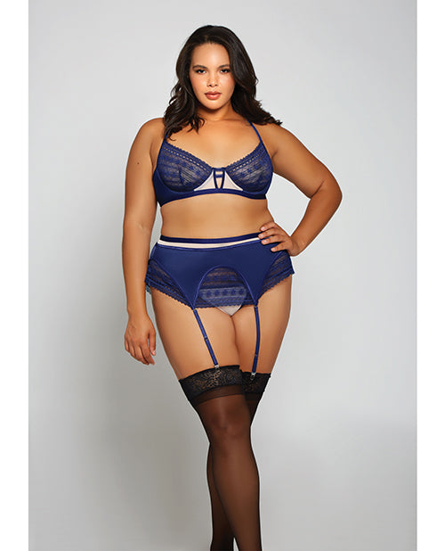 Geometric Lace W/matte Microfiber Ba, Garter Belt & G-string Navy/beige