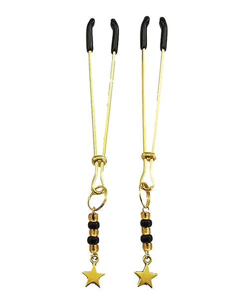 Bijoux de Nip Tweezer Nipple Clamp w/Black & Gold Beads w/Star - Gold