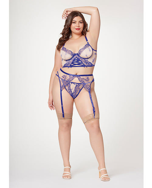 Sheer Stretch Mesh W/floral Contrast Embroidery Bustier, Garter Belt & Thong Blue/nude