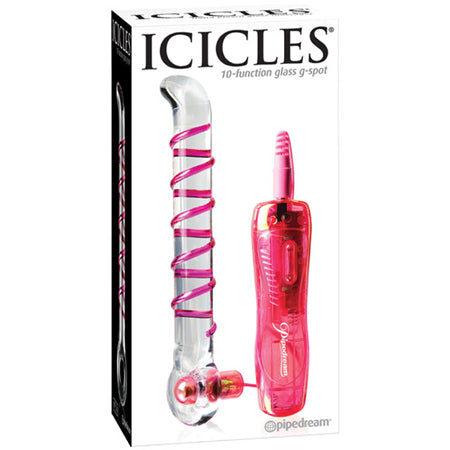 Pipedream Icicles No. 4 Remote-Controlled Vibrating Ribbed 7 in. Glass G-Spot Dildo Pink/Clear