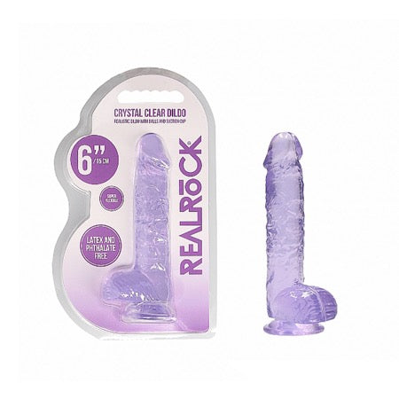 RealRock Crystal Clear Realistic 6 in. Dildo With Balls and Suction Cup Purple