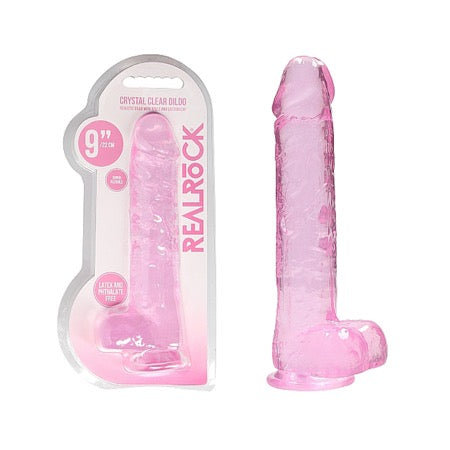 RealRock Crystal Clear Realistic 9 in. Dildo With Balls and Suction Cup Pink