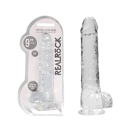 RealRock Crystal Clear Realistic 9 in. Dildo With Balls and Suction Cup Clear