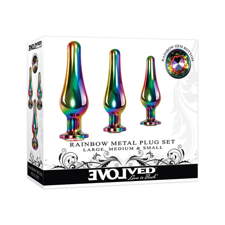 Evolved 3-Piece Rainbow Metal Anal Plug With Rainbow Gemstone Base Set