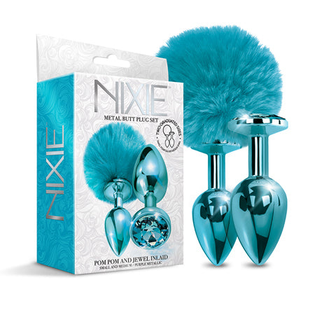 NIXIE Metal Butt Plug Set Pom Pom and Jewel-Inlaid Metallic Blue