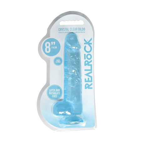 RealRock Crystal Clear Realistic 8 in. Dildo With Balls and Suction Cup Blue