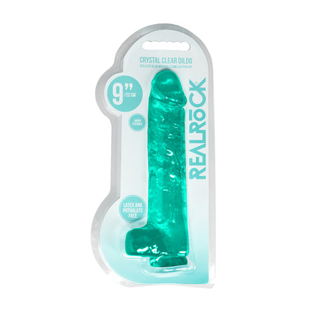 RealRock Crystal Clear Realistic 9 in. Dildo With Balls and Suction Cup Turquoise