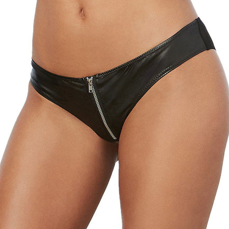 Dreamgirl Faux-Leather, Stretch-Knit Cheeky Panty with Zipper Front Black M Hanging