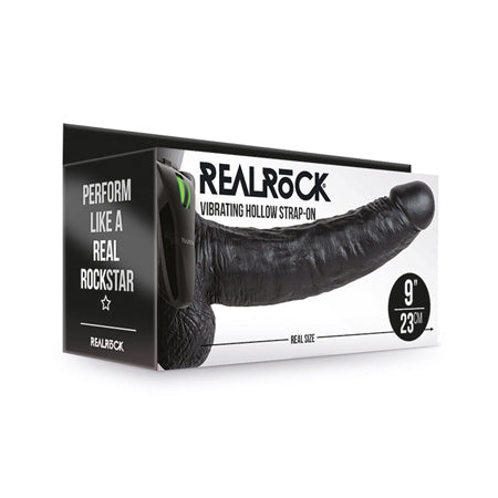 RealRock Realistic 9 in. Vibrating Hollow Strap-On With Balls Black