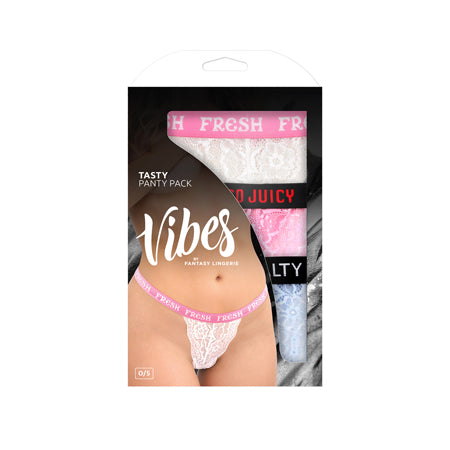 Fantasy Lingerie Vibes Tasty Vibes Pack 3-Piece Lace Thong Panty Set Blue/Pink/White O/S