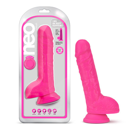 Blush Neo 9 in. Dual Density Dildo with Balls & Suction Cup Neon Pink