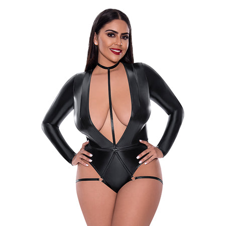 Magic Silk Liquid Onyx Long Sleeve Teddy with Harness Caging Black Queen